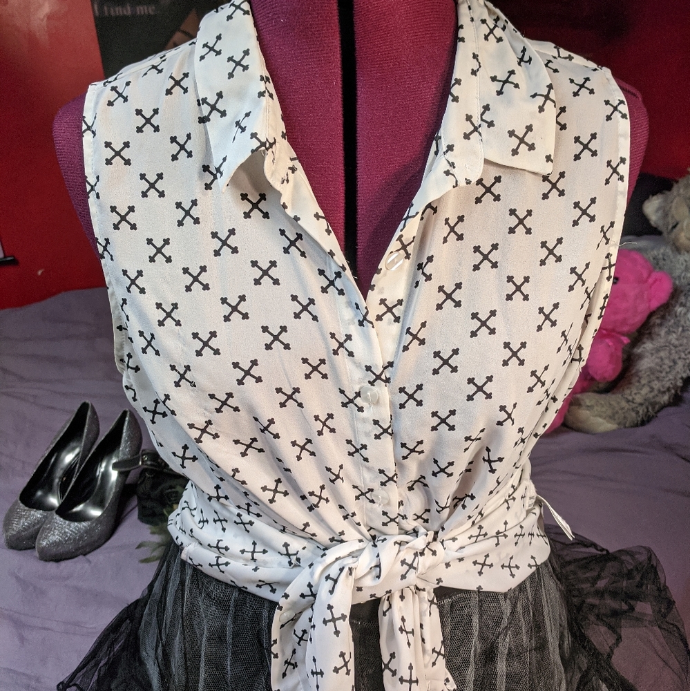 White with crosses blouse goth cute flowy